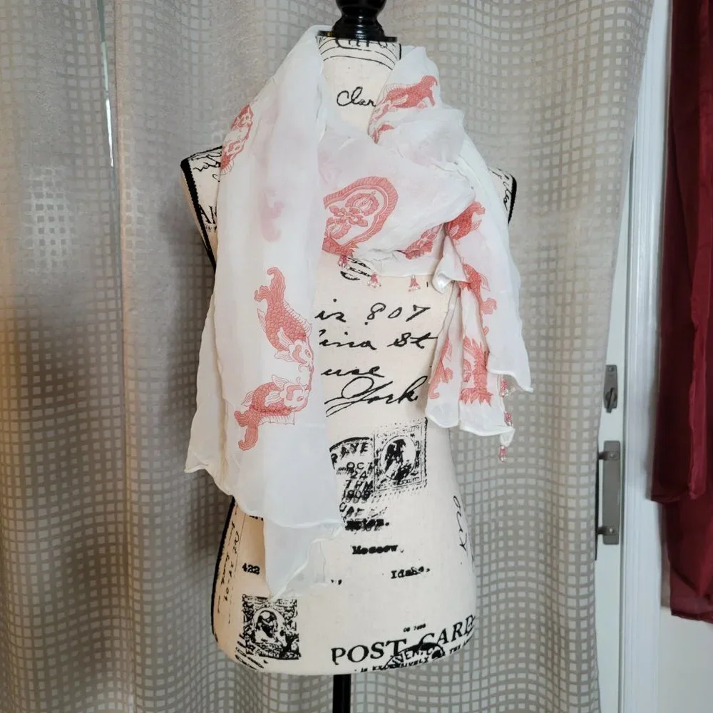 Turtle Beach Designs White Scarf with Beads accent on Trim